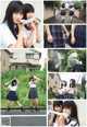 A collage of photos of a girl in a school uniform holding an umbrella.