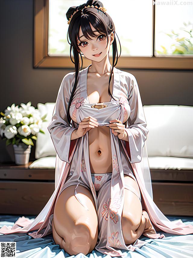 A woman in a kimono sitting on a bed.