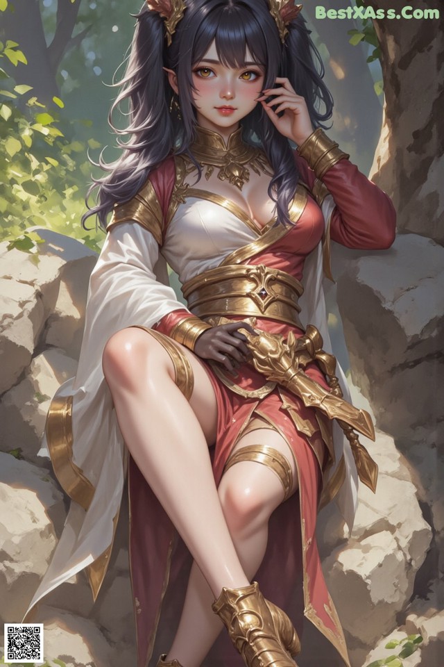 A woman sitting on a rock talking on a cell phone.