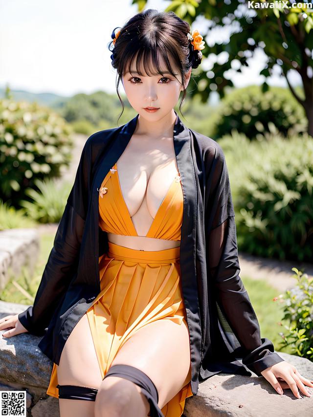 A woman in an orange and black outfit sitting on a rock.