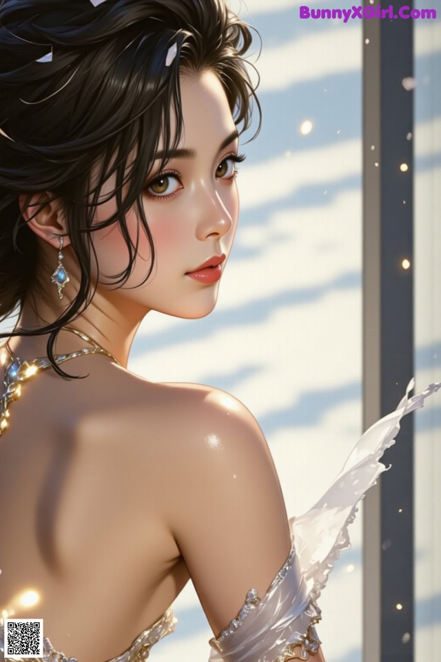 A woman in a white dress standing in front of a window.