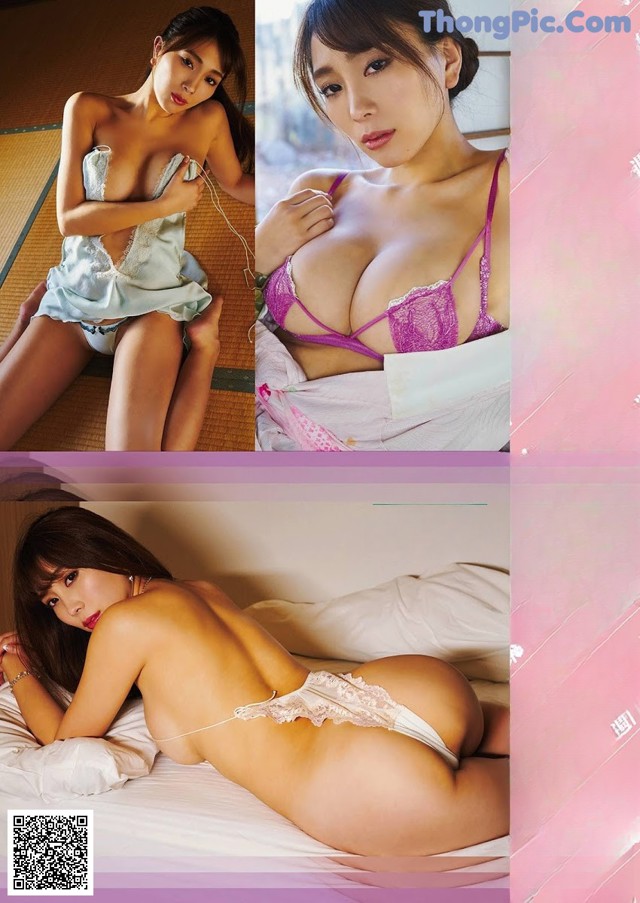 A woman in lingerie laying on a bed in a room.