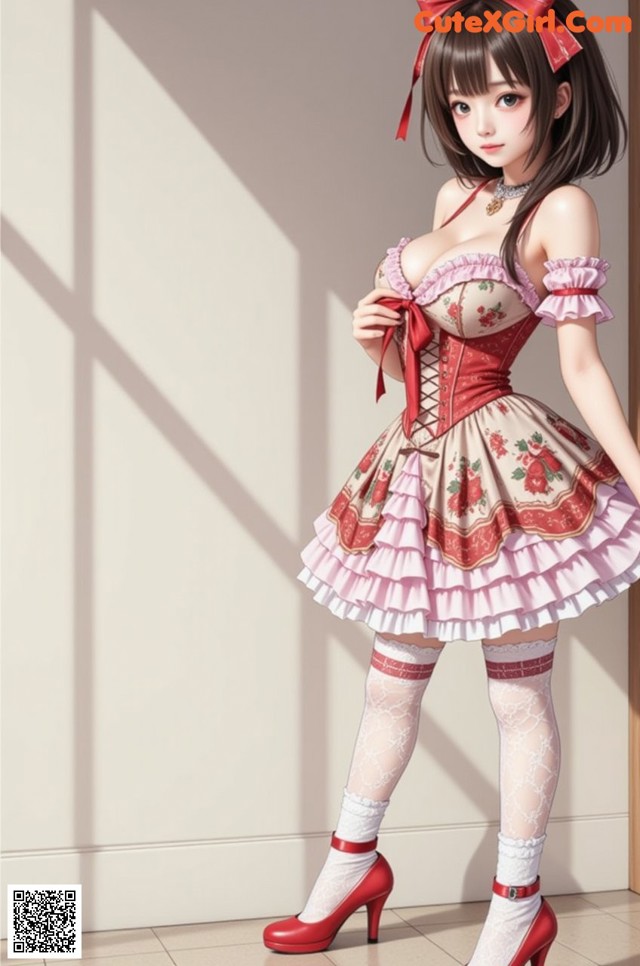 A woman in a pink dress and red shoes posing for a picture.