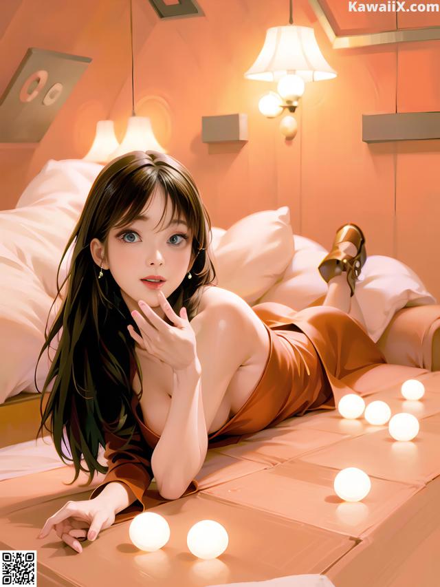 A woman laying on top of a bed next to a lamp.
