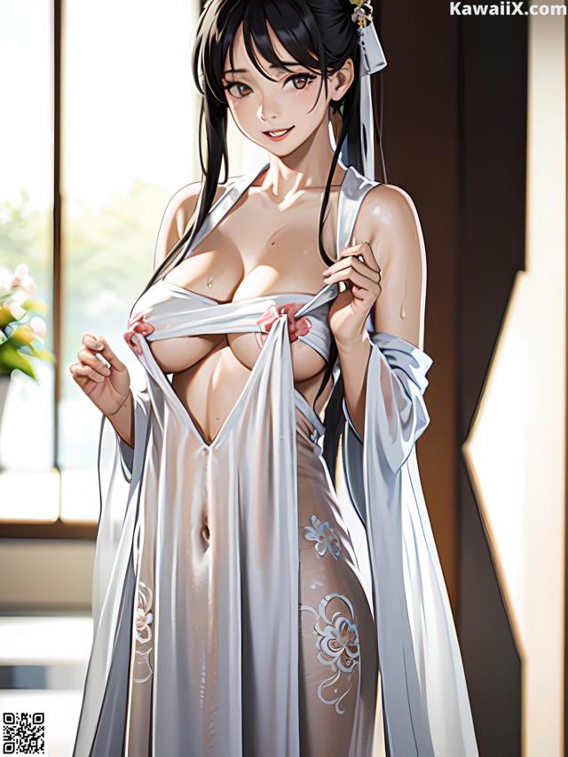 A woman in a white kimono is posing for the camera.