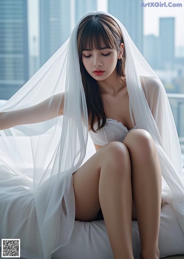 A woman sitting on a bed with a veil over her head.