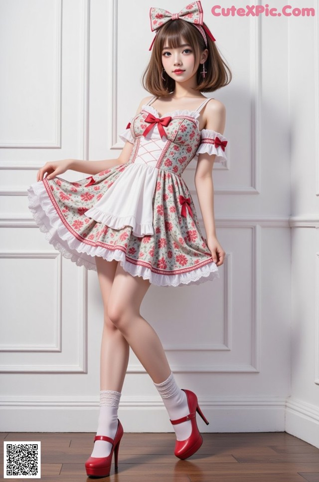 a woman in a white dress and red shoes posing for a picture